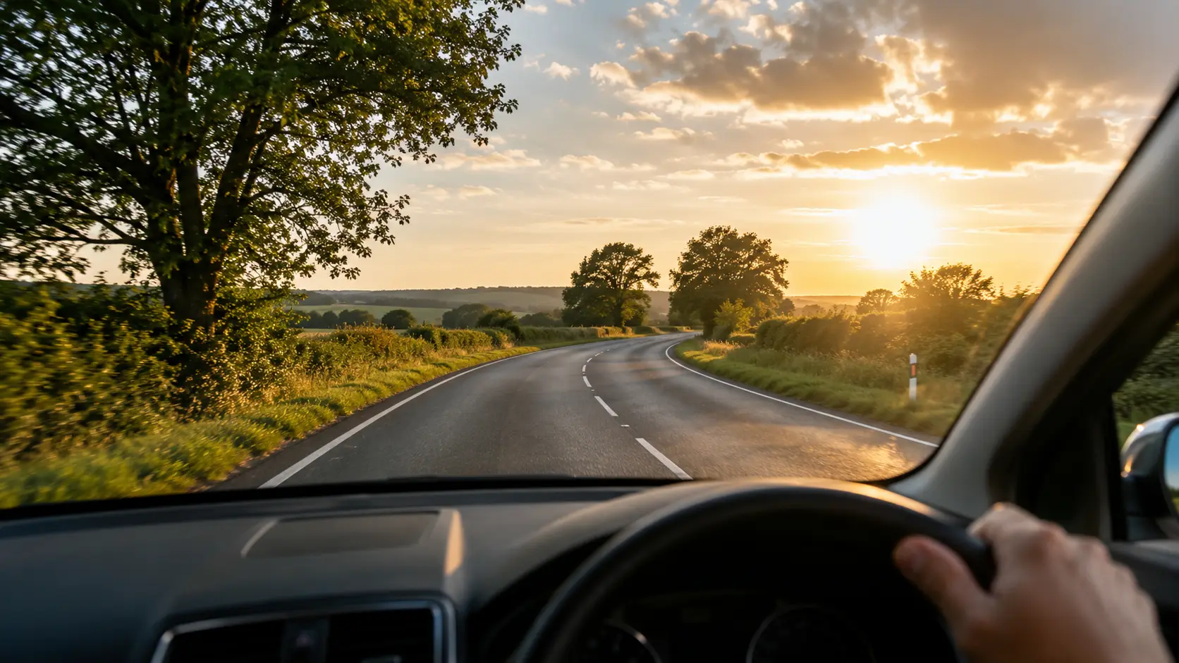 Driver's POV on a rural road at sunset