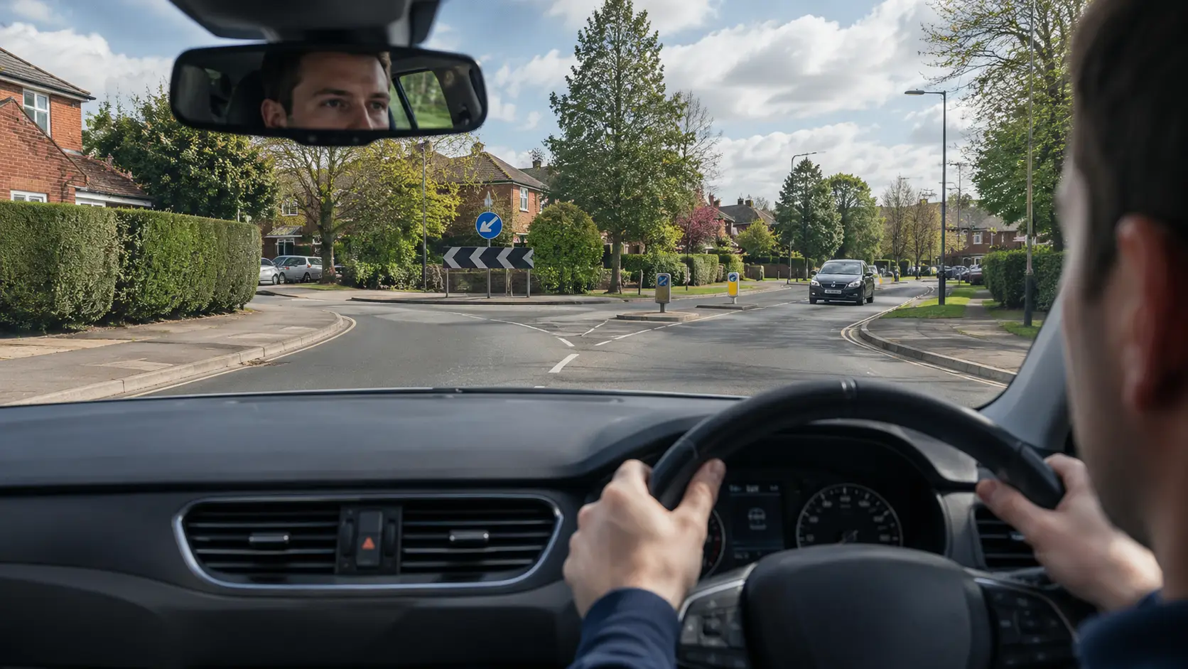 Rearview mirror reflection showing traffic as a learner approaches a multi-lane roundabout