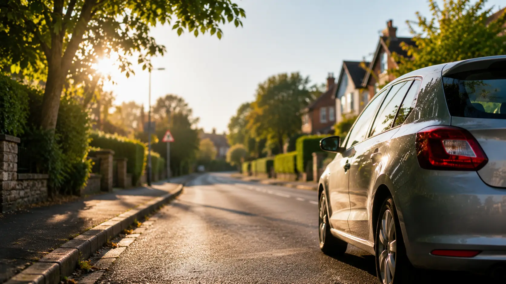 Learner driver car parked on a quiet Crawley residential street at golden hour